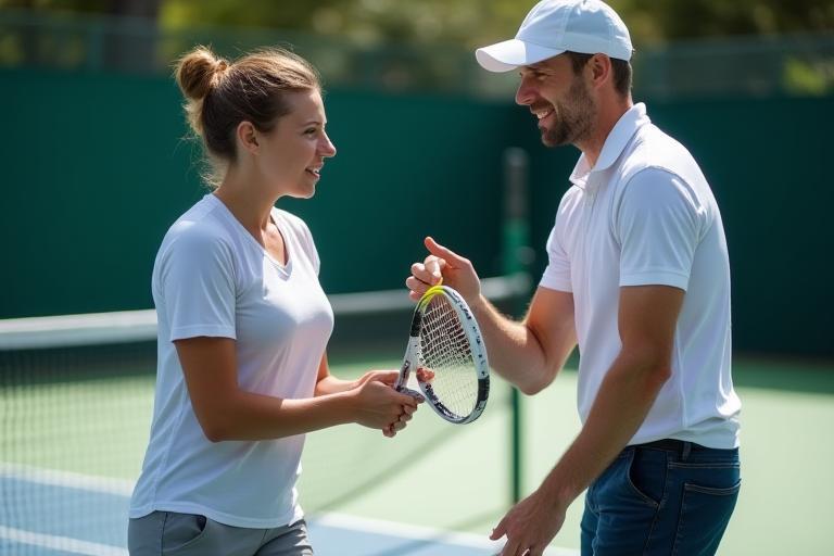 Tennis coach demonstrating technique to a student